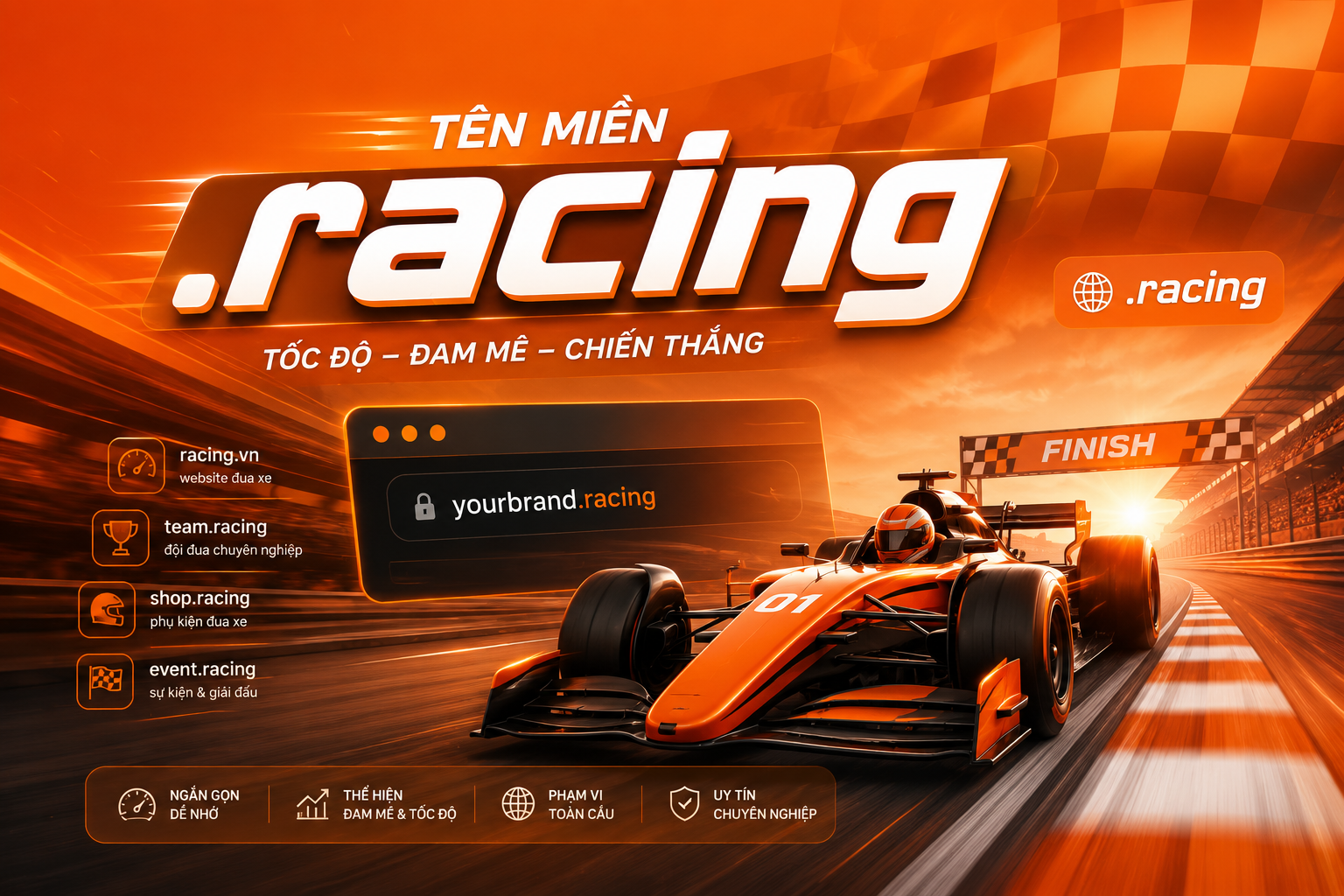 Tên miền .racing giúp website thể hiện rõ lĩnh vực hoạt động liên quan đến racing hoặc motorsport.