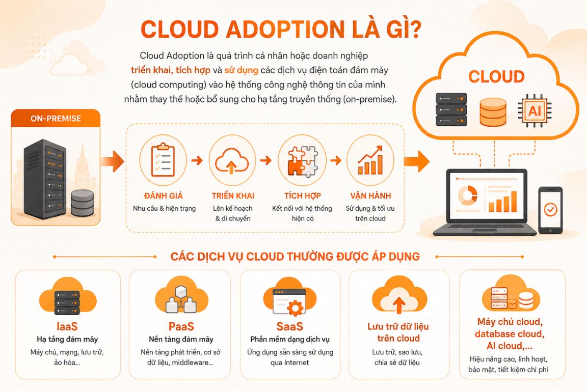 cloud adoption 1 - #1 Hosting Giá Rẻ, VPS Giá Rẻ, Máy Chủ Vật Lý, Email, Cloud Server Cloud Adoption là quá trình doanh nghiệp hoặc cá nhân triển khai và sử dụng các dịch vụ điện toán đám mây