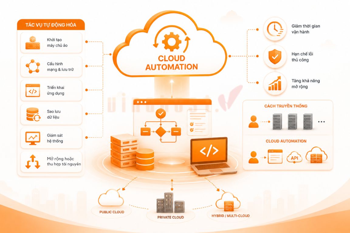 Cloud Automation là quá trình sử dụng các công cụ, phần mềm và kịch bản (script) để tự động hóa việc triển khai, cấu hình, quản lý và vận hành tài nguyên trên môi trường điện toán đám mây (Cloud Computing)