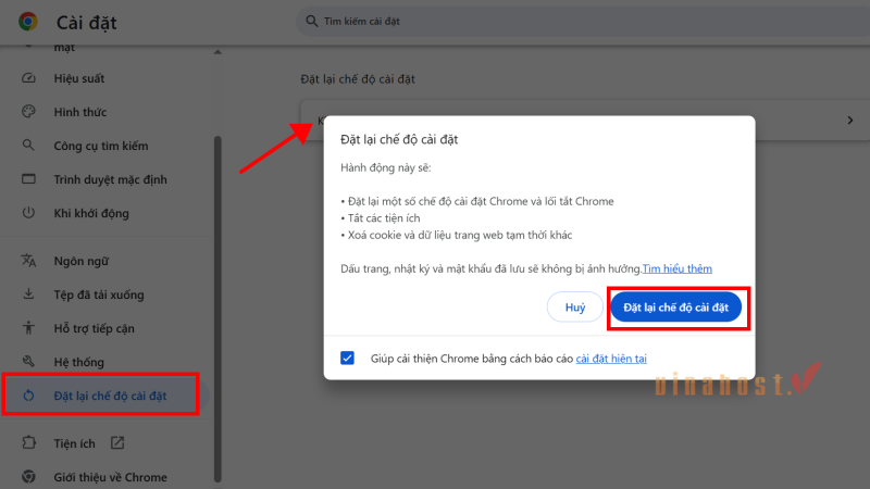 Reset trình duyệt web đối với Google Chrome