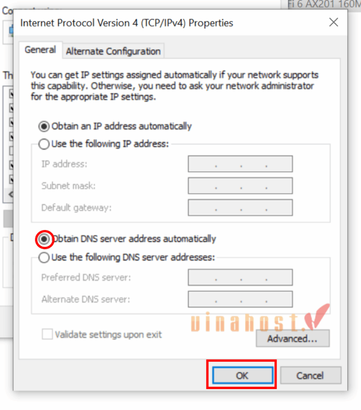 Mở Internet Protocol Version 4 (TCP/IPv4) và chọn Obtain DNS server address automatically