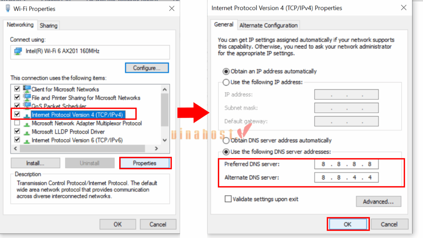 loi dns probe finished bad config la gi 17 - #1 Hosting Giá Rẻ, VPS Giá Rẻ, Máy Chủ Vật Lý, Email, Cloud Server Chọn Internet Protocol Version 4 (TCP/IPv4) và chọn Properties sau đó thay đổi DNS