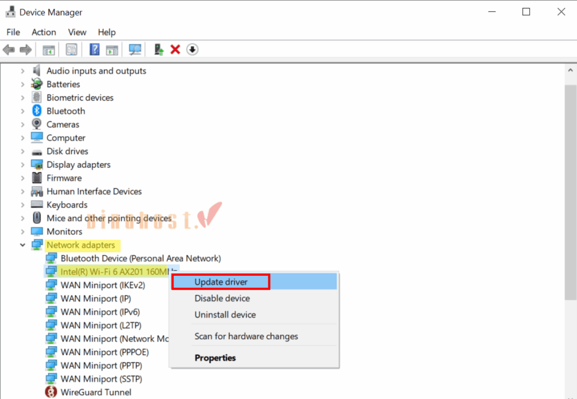 loi dns probe finished bad config la gi 20 - #1 Hosting Giá Rẻ, VPS Giá Rẻ, Máy Chủ Vật Lý, Email, Cloud Server Mở rộng mục Network adapters, nhấp chuột phải vào mạng đang sử dụng và chọn Update driver