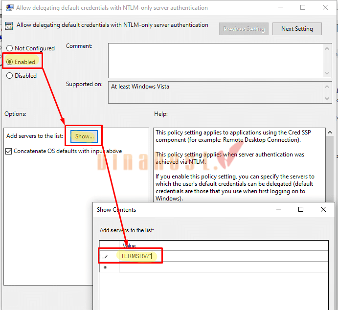 loi your credentials did not work 14 - #1 Hosting Giá Rẻ, VPS Giá Rẻ, Máy Chủ Vật Lý, Email, Cloud Server Điều chỉnh chính sách Allow delegating default credentials