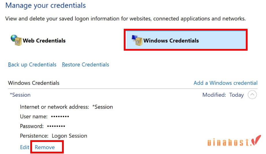 loi your credentials did not work 2 - #1 Hosting Giá Rẻ, VPS Giá Rẻ, Máy Chủ Vật Lý, Email, Cloud Server Vào Windows Credentials, tìm thông tin đăng nhập, chọn mục đó và nhấn Remove