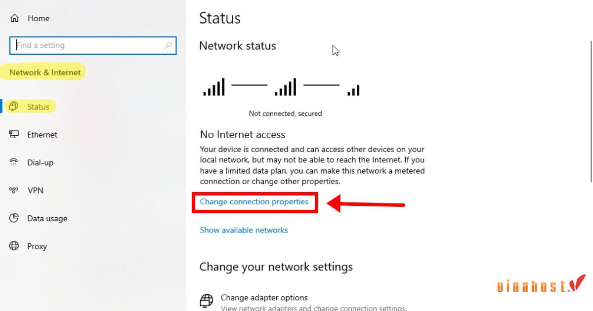 loi your credentials did not work 3 - #1 Hosting Giá Rẻ, VPS Giá Rẻ, Máy Chủ Vật Lý, Email, Cloud Server Mở Settings, chọn Network & Internet, vào Status và chọn Change connection properties