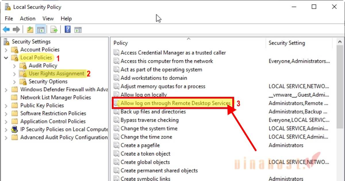 loi your credentials did not work 7 - #1 Hosting Giá Rẻ, VPS Giá Rẻ, Máy Chủ Vật Lý, Email, Cloud Server Đến mục Local Policies chọn User Rights Assignment vàtìm chính sách Allow log on through Remote Desktop Services