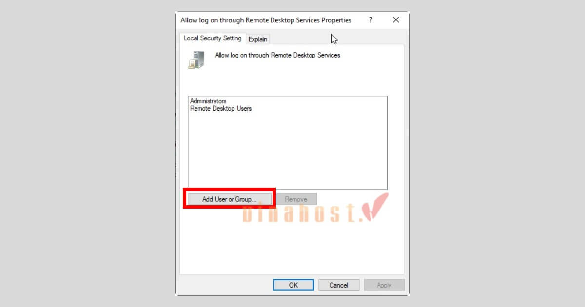 loi your credentials did not work 9 - #1 Hosting Giá Rẻ, VPS Giá Rẻ, Máy Chủ Vật Lý, Email, Cloud Server Chọn Add User or Group trong chính sách Allow log on through Remote Desktop Services
