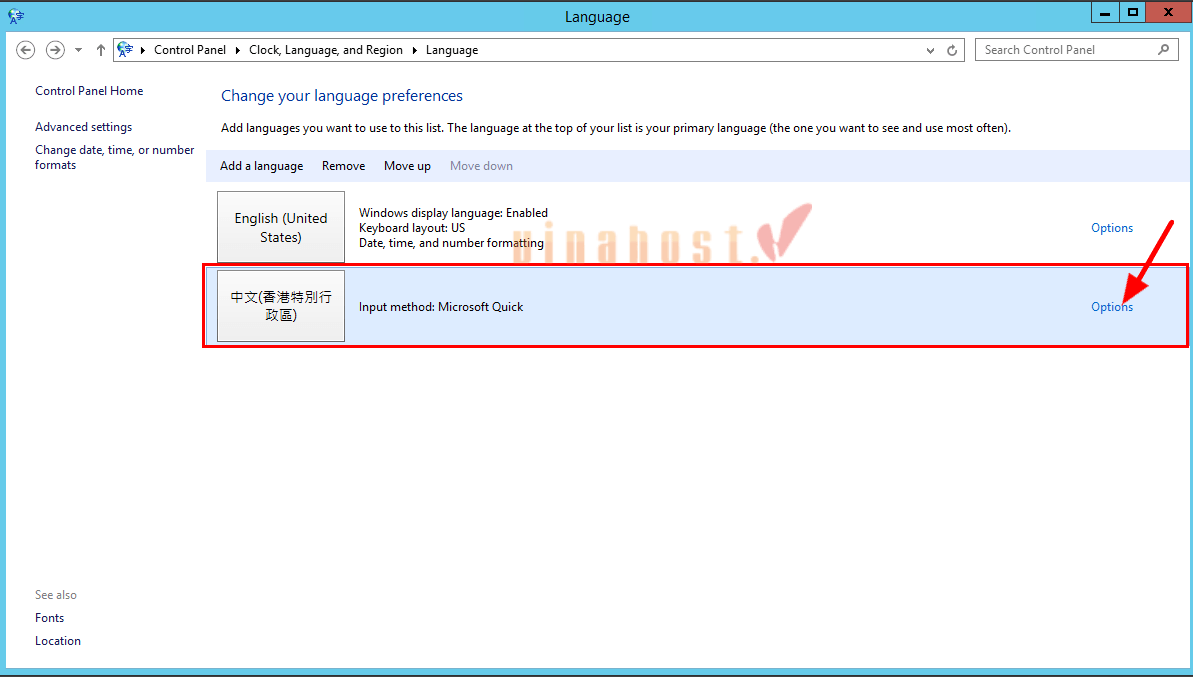 thay doi ngon ngu tren vps 8 - #1 Hosting Giá Rẻ, VPS Giá Rẻ, Máy Chủ Vật Lý, Email, Cloud Server Chọn Options tại ngôn ngữ vừa thêm