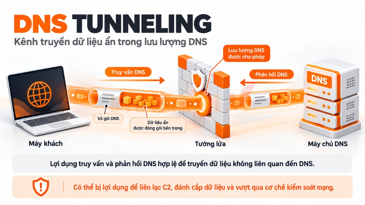 dns tunneling 1 - #1 Hosting Giá Rẻ, VPS Giá Rẻ, Máy Chủ Vật Lý, Email, Cloud Server DNS Tunneling là kỹ thuật lợi dụng giao thức DNS để tạo kênh truyền dữ liệu ẩn, có thể bị tin tặc sử dụng để vượt qua tường lửa, điều khiển mã độc và đánh cắp thông tin.