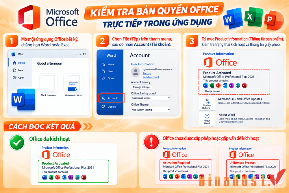 Kiểm tra Office bản quyền trực tiếp trong ứng dụng